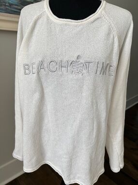 Cream Scoop Neck 'Beach Time' Embroidered Sweater